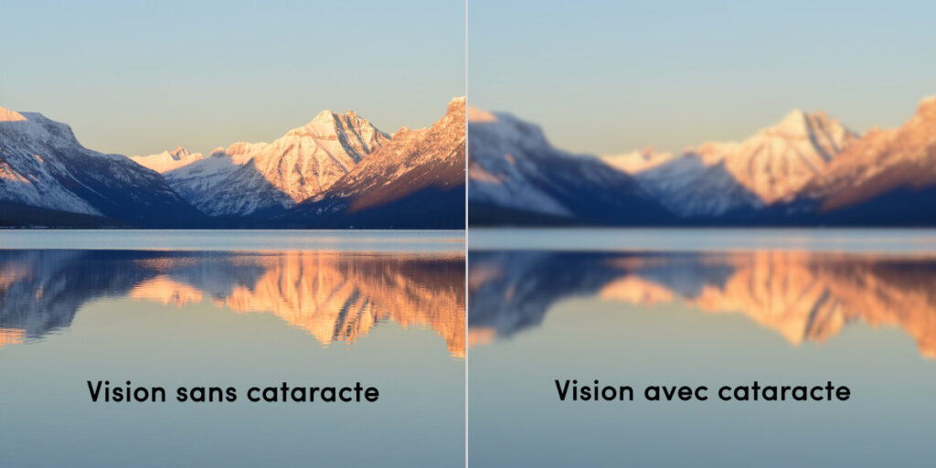 Comparatif de la vision sans cataracte (à gauche) et d'une vision avec cataracte (à droite).