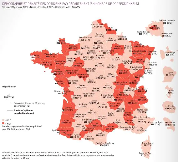 Densité des opticiens par département, en France et dans les DOM/TOM.