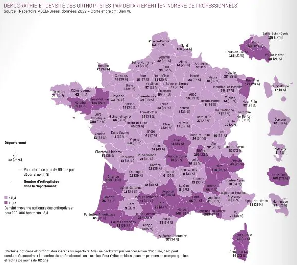 Densité des orthoptistes par département, en France et dans les DOM/TOM.